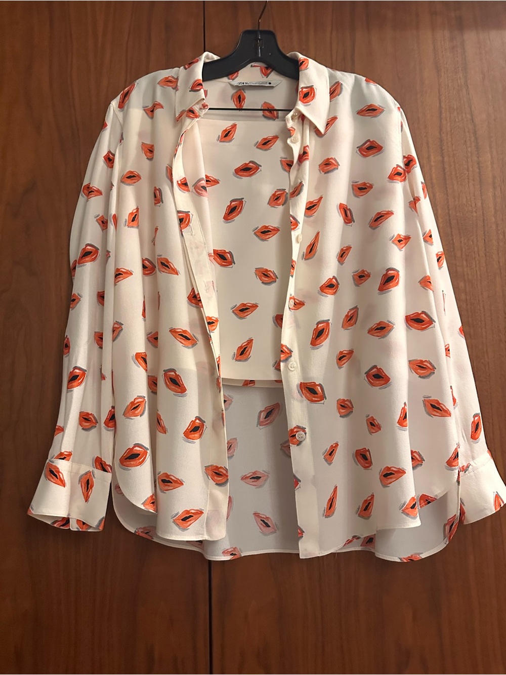 ZARA Cream Button-Up Blouse with Orange Lip Print with matching skirt